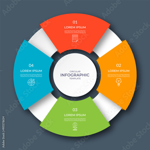 Infographic circular diagram with 4 options, parts. Four-step process chart with colorful segments, applicable for data visualization, presentation, business infographics.