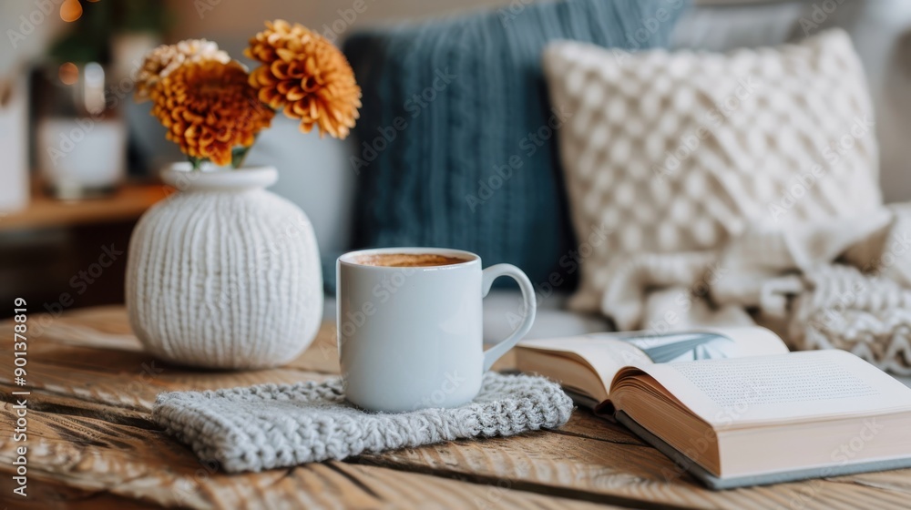 A comfortable reading nook featuring a book, a warm cup of coffee, and a vase with flowers on a wooden table, providing a perfect setting for relaxation and focus. A comfortable reading nook featuring a book, a warm cup of coffee, and a vase with flowers on a wooden table, providing a perfect setting for relaxation and focus.