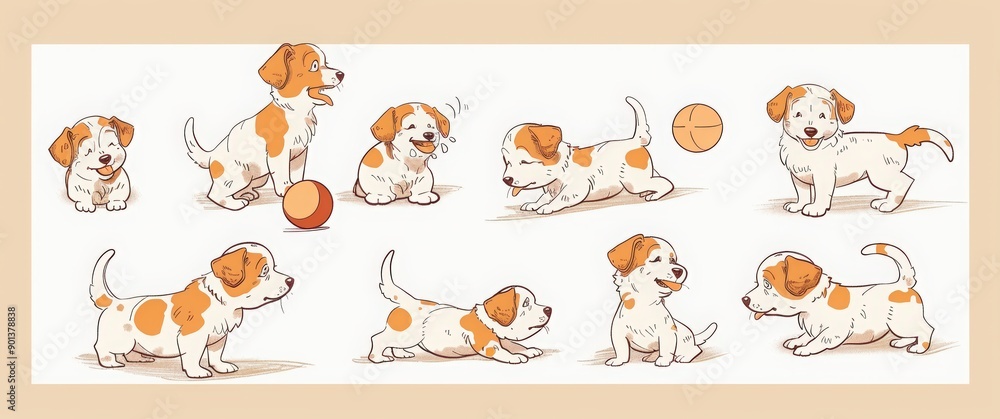 Fototapeta premium A set of a golden retriever puppy playing with a ball on a white background. Happy Dog Day, on August 26th, adorable dogs in various poses and expres