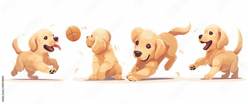 Obraz premium A set of a golden retriever puppy playing with a ball on a white background. Happy Dog Day, on August 26th, adorable dogs in various poses and expres