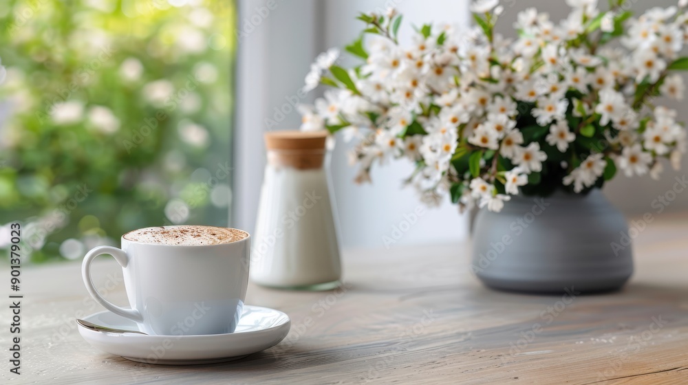 A serene image of a fresh cappuccino in a white cup and saucer on a wooden table, accompanied by a vase filled with delicate white flowers beside a window with green view. A serene image of a fresh cappuccino in a white cup and saucer on a wooden table, accompanied by a vase filled with delicate white flowers beside a window with green view.