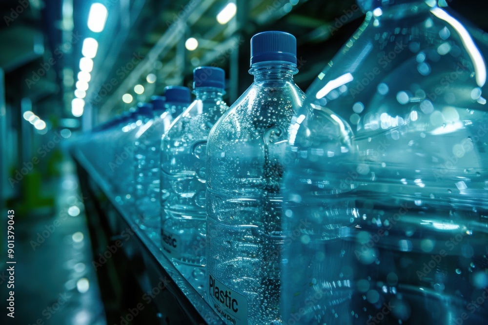 Close up of plastic bottles in a factory for a Poster or banner on an eco, green and sustainability theme. Close up of plastic bottles in a factory for a Poster or banner on an eco, green and sustainability theme.
