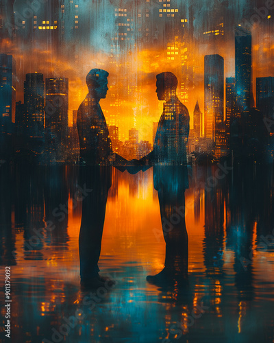 Double exposure of businessmen shaking hands with an abstract backdrop of skyscrapers at sunset, signifying agreement and business contract. © CreativeIMGIdeas