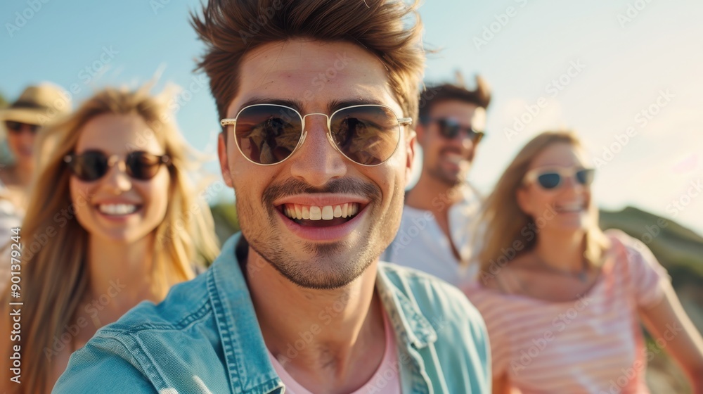 A vibrant man wearing sunglasses smiles widely at the camera, leading a cheerful group of friends for an outdoor adventure on a sunny day at the beach.