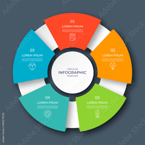 Infographic circular diagram with 3 options, parts. Five-step process chart with colorful segments, applicable for data visualization, presentation, business infographics.