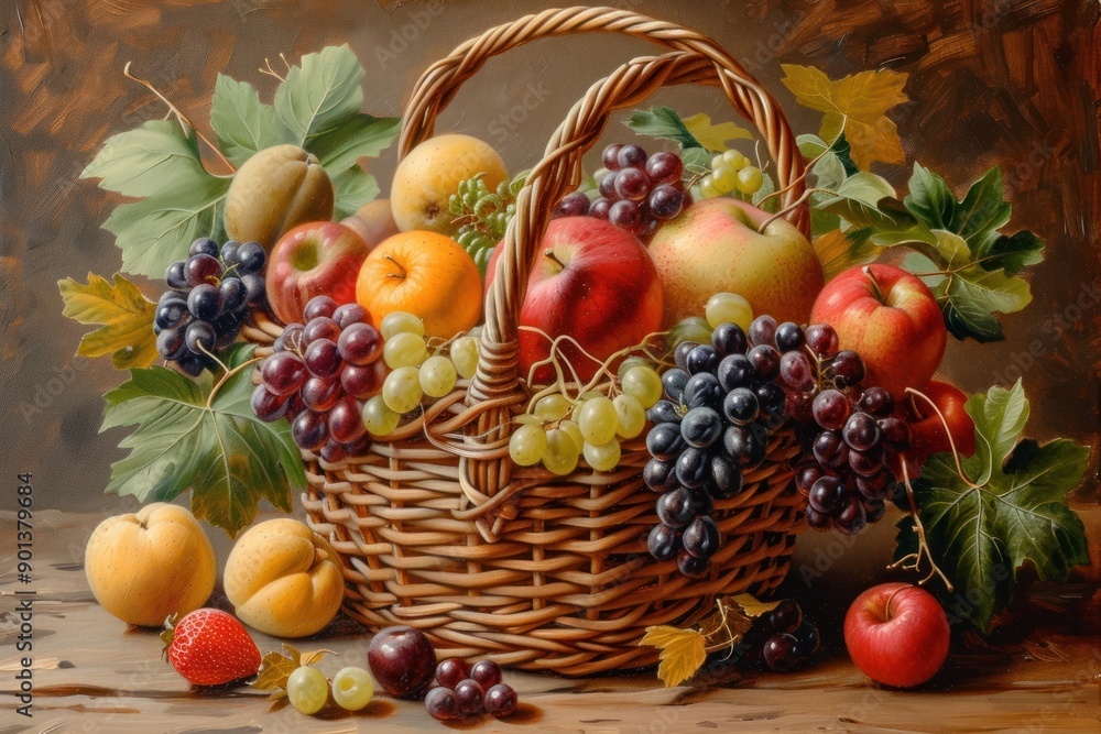 A rustic basket overflowing with an assortment of fresh fruits abundance painting apple. A rustic basket overflowing with an assortment of fresh fruits abundance painting apple.