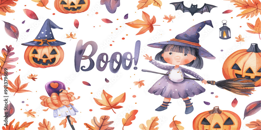 Watercolor cartoon cute Halloween clip art set of witch, broomstick and Halloween elements on white background Watercolor cartoon cute Halloween clip art set of witch, broomstick and Halloween elements on white background