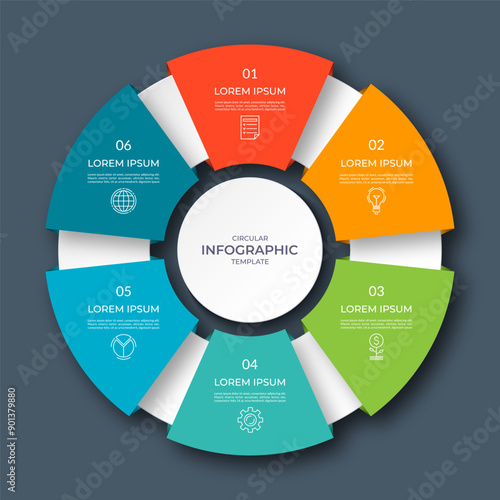 Infographic circular diagram with 6 options, parts. Six-step process chart with colorful segments, applicable for data visualization, presentation, business infographics.