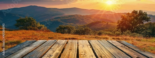 empty wooden table on the background of mountains. Selective focus