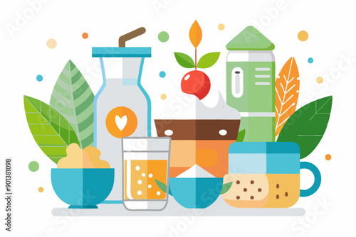 There are numerous food and beverage items depicted in the image. In this illustration, there is a wide variety of food and drinks depicted, including fruits, liquids, plants, and tableware