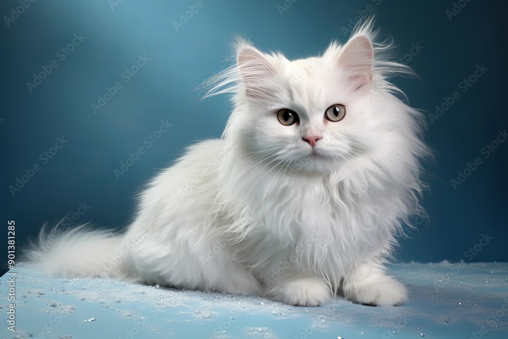 Fototapeta premium Elegant white fluffy cat with striking eyes posing in a serene winter setting