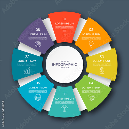 Infographic circular diagram with 8 options, parts. Eight-step process chart with colorful segments, applicable for data visualization, presentation, business infographics.