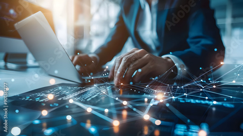 Fototapeta Naklejka Na Ścianę i Meble -  Business development to success and growth concept. Global network business structure. Data analysis and exchange. Generative Ai.