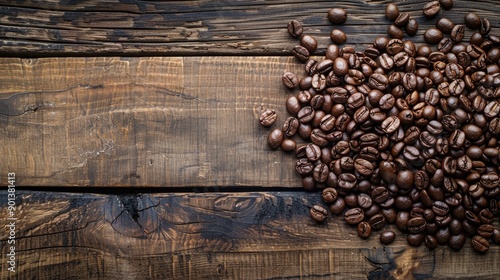 coffee beans arranged artfully on a rustic wooden table, capturing the rich aroma and earthy tones of the beans.