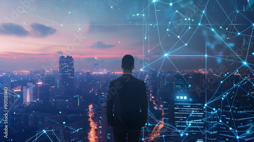 Business man on future network city. Generative Ai.