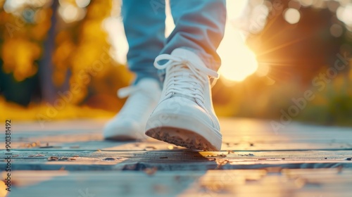A close-up of a person's feet in white sneakers walking on a wooden boardwalk during a sunlit evening, symbolizing youth, casual style, movement, and the tranquility of a sunset walk.