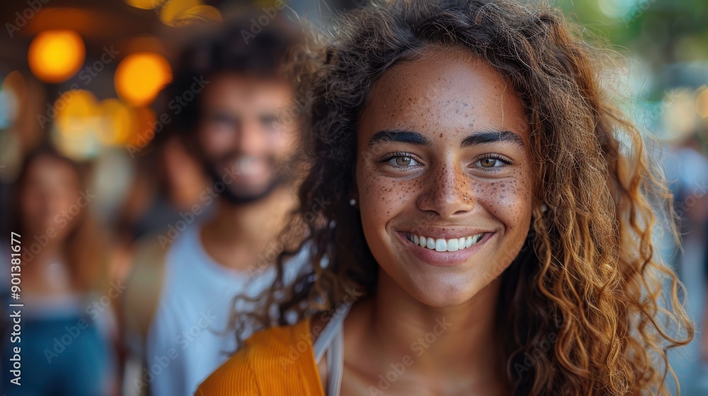 A young woman with curly hair and freckles smiles brightly, standing outdoors with vibrant lighting, capturing a moment of happiness and natural beauty in urban setting. A young woman with curly hair and freckles smiles brightly, standing outdoors with vibrant lighting, capturing a moment of happiness and natural beauty in urban setting.