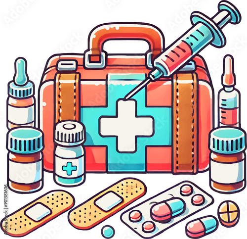 detailreicher Apothekenkoffe,Symbol für Sicherheit und Fürsorge. Perfekt ausgestattet, symbolisiert er Schutz und Gesundheit.