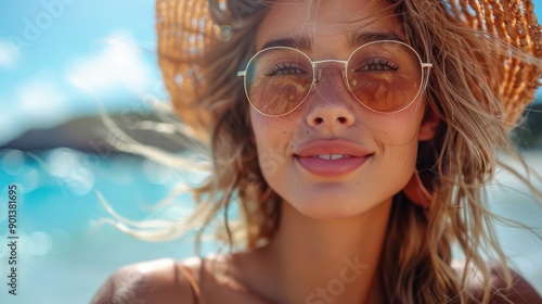 A woman with a stylish hat and sunglasses, basking in the sunny weather on a beach, filled with blue skies and ocean waves, capturing the essence of summer escapades. photo