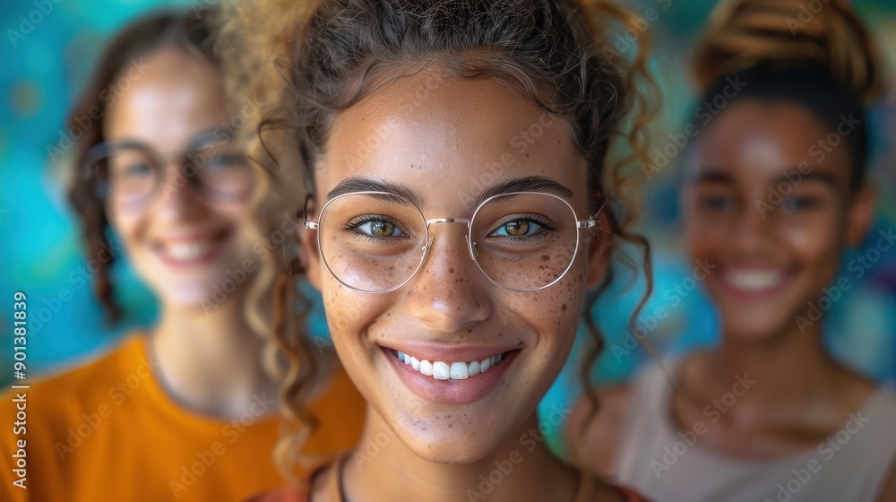 Three friends with diverse looks are smiling joyfully with a vibrant and colorful background, emphasizing their happiness and camaraderie in the image. Three friends with diverse looks are smiling joyfully with a vibrant and colorful background, emphasizing their happiness and camaraderie in the image.