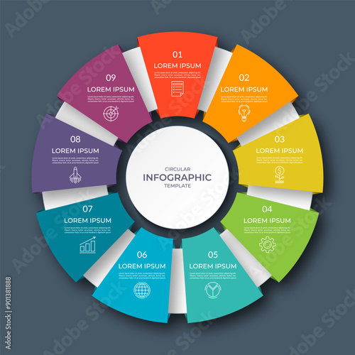 Infographic circular diagram with 9 options, parts. Nine-step process chart with colorful segments, applicable for data visualization, presentation, business infographics.
