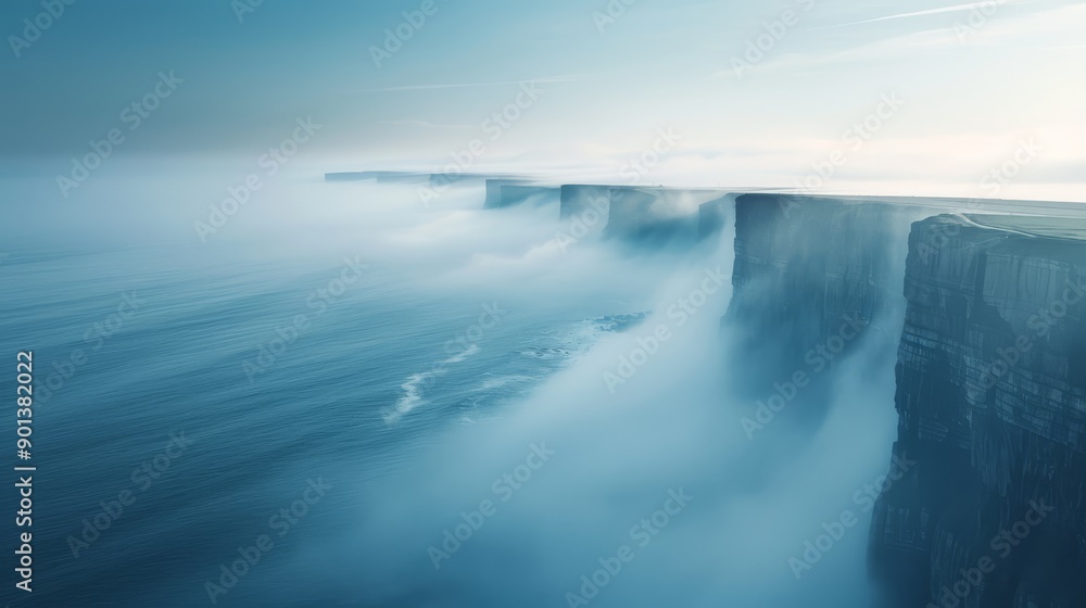 Misty cliffs edge over a serene ocean, capturing a tranquil moment in nature's beauty and the power of the sea. Misty cliffs edge over a serene ocean, capturing a tranquil moment in nature's beauty and the power of the sea.