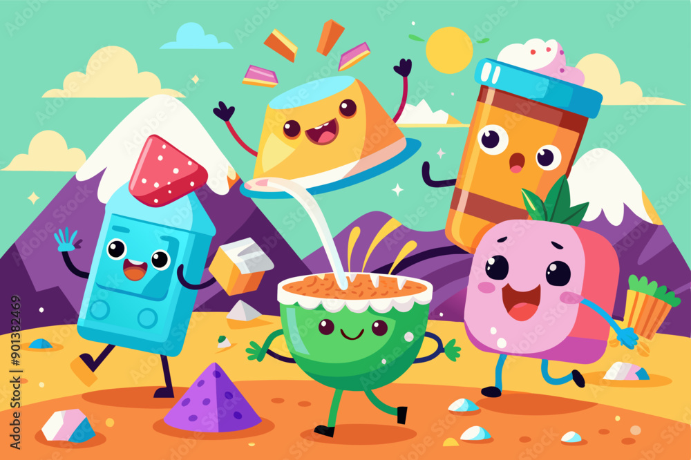 Naklejka premium In this illustration, cartoon characters are pouring milk into a pudding cup. A group of cartoon characters happily pour milk into a cup of pudding on the table, creating a delightful scene of enterta