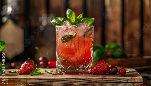 Alcoholic cocktail feeling with Cachaca, cranberry drink, strawberries, lime juice, green basil, and ice cubes, vintage wooden background