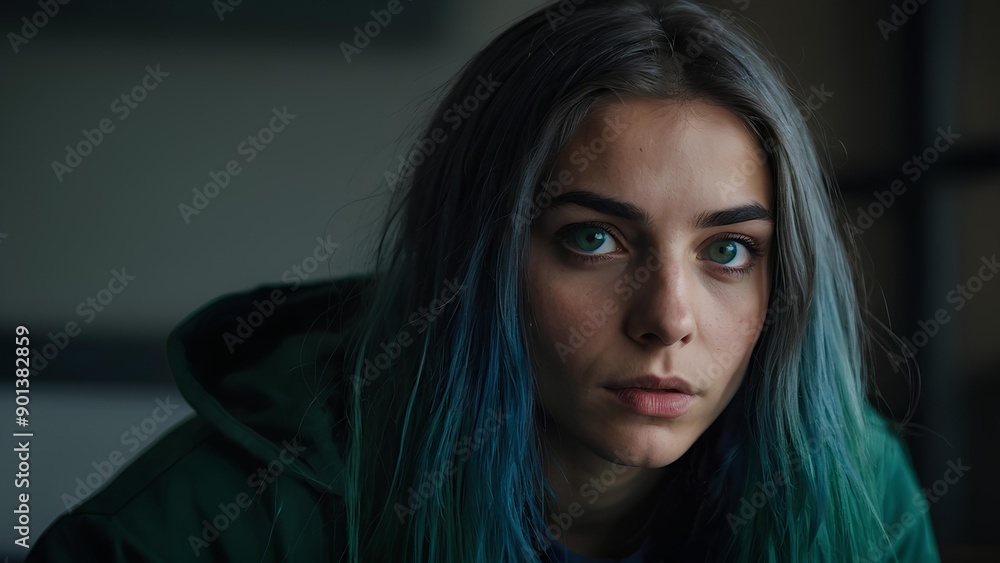 20 year old girl with long midnight blue hair, green eyes. 20 year old girl with long midnight blue hair, green eyes.