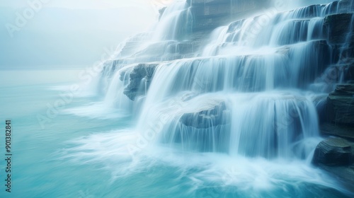 Serene waterfall cascades gently into a tranquil pool, surrounded by smooth rocks, creating a peaceful and dreamy atmosphere.