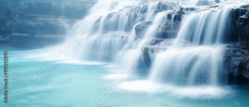 Serene waterfall cascading into turquoise water, creating a tranquil atmosphere in nature's beauty.