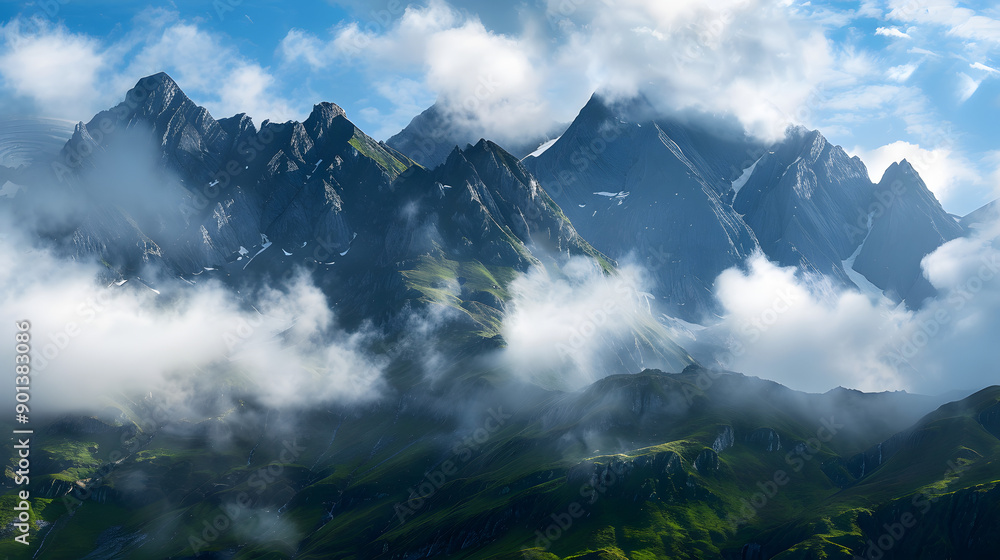 Wonderful alpine scenery with great rocks and mountains in dense low clouds. Atmospheric highlands landscape with mountain tops above clouds. Beautiful view to snow mountain peaks over thick clouds. Wonderful alpine scenery with great rocks and mountains in dense low clouds. Atmospheric highlands landscape with mountain tops above clouds. Beautiful view to snow mountain peaks over thick clouds.