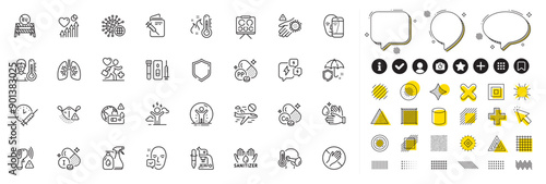 Set of Shield, Coronavirus and Medical mask line icons for web app. Design elements, Social media icons. Covid test, Thermometer, Difficult stress icons. Vector