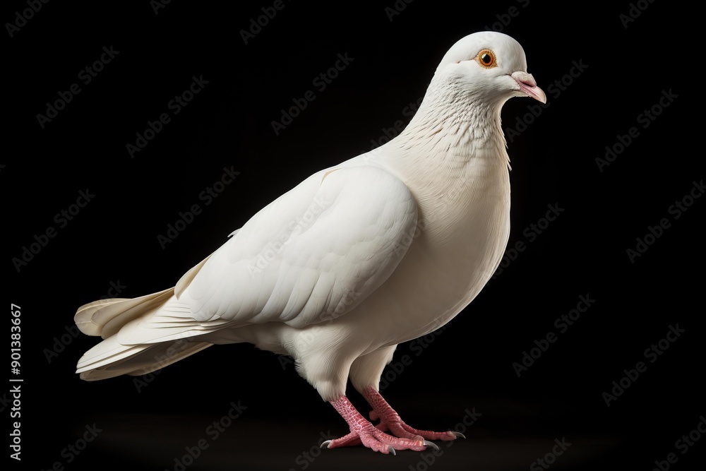 Obraz premium Serene white pigeon poses against a dark backdrop, showcasing its beautiful plumage