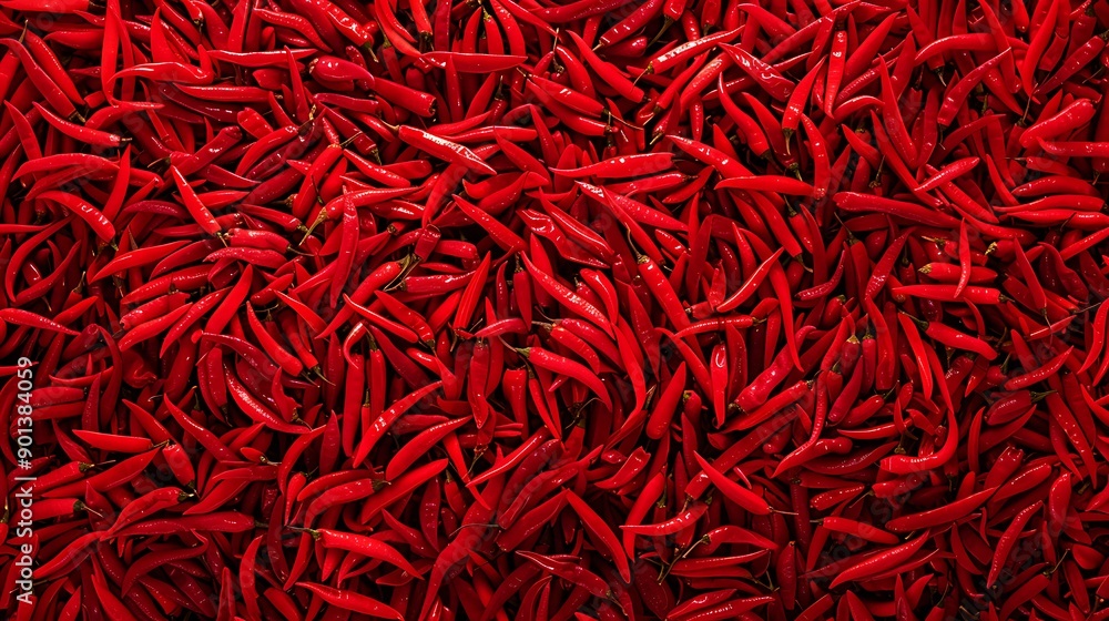 Fototapeta premium Close up of a large group of bright red chili peppers.
