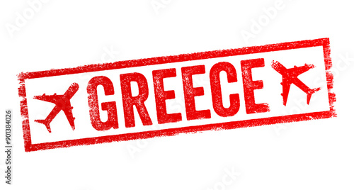 Greece is a country in Southeast Europe, located on the southern tip of the Balkan peninsula, text emblem stamp with airplane