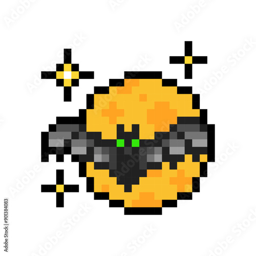 Bat against the full moon isolated on transparent background. Halloween character icon. Vector pixel art illustration in 16 bit old style.