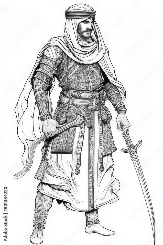 Obraz premium coloring book arab warrior, full body, hand drown line art