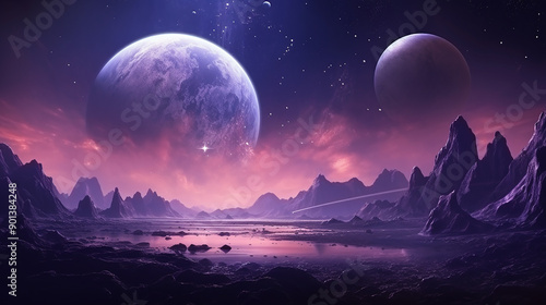 Mars Purple Space Landscape with Planets