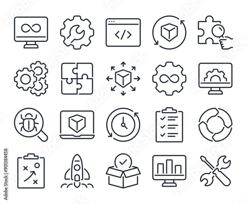 DevOps development and operations concept editable stroke outline icons set isolated on white background flat vector illustration. Pixel perfect. 64 x 64