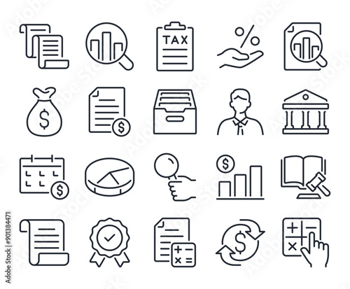 Accounting, audit, financial report editable stroke outline icons set isolated on white background flat vector illustration. Pixel perfect. 64 x 64.