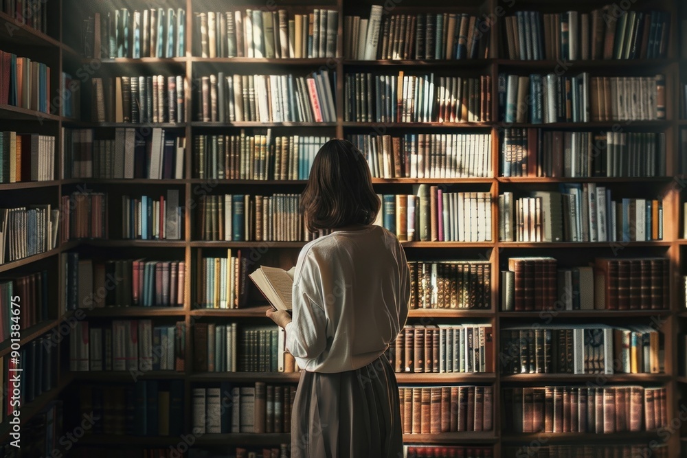 A woman choosing books bookshelf publication bookcase. A woman choosing books bookshelf publication bookcase.