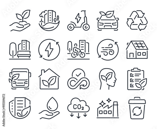 Green city editable stroke outline icons set isolated on white background flat vector illustration. Pixel perfect. 64 x 64