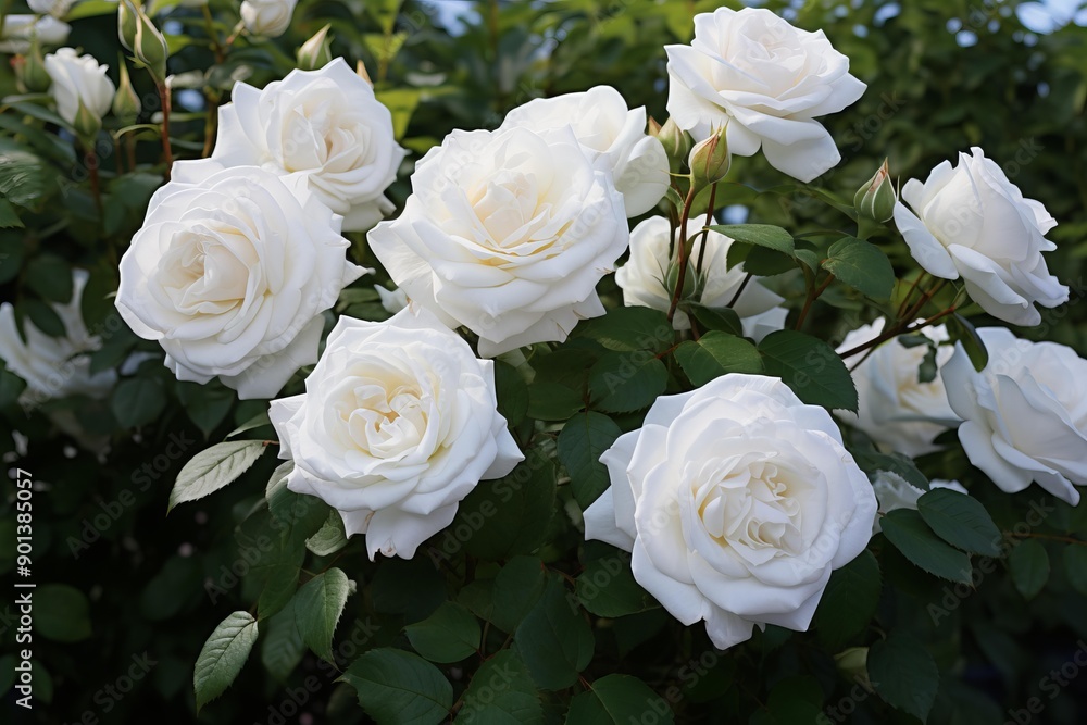 Stunning cluster of pure white roses blossoming among rich green foliage Stunning cluster of pure white roses blossoming among rich green foliage