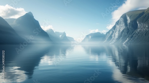 Tranquil landscape featuring majestic mountains reflecting in calm water under a clear blue sky. © nattapon98