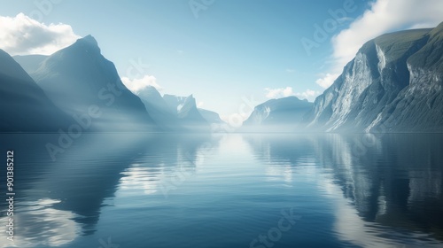 Tranquil landscape featuring majestic mountains reflecting in calm water under a clear blue sky.