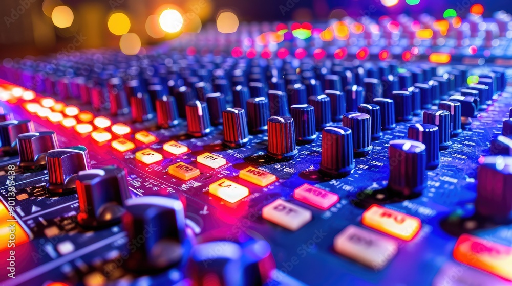 Obraz premium Exploring a Colorful Audio Mixer With Multiple Controls and Lights