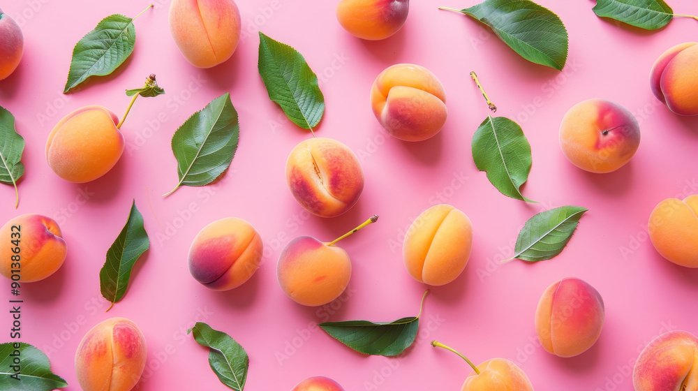Apricot pattern. Trendy summer background. Ripe fresh apricots on a pink background. Top view, flat lay. Ideal for summer sales, advertising, wrapping paper, posters, greeting cards, and cover Apricot pattern. Trendy summer background. Ripe fresh apricots on a pink background. Top view, flat lay. Ideal for summer sales, advertising, wrapping paper, posters, greeting cards, and cover