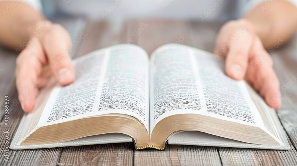 Hands Holding Open Book With Pages Filled With Text on Table Hands Holding Open Book With Pages Filled With Text on Table
