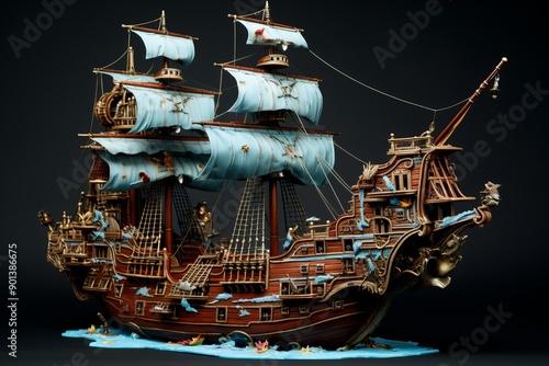 Exquisite detailed model of an antique sailing ship with a dark backdrop, showcasing the craftsmanship